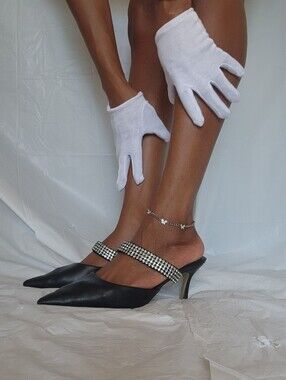 Black Rhinestone Pointed Toe Kitten Heel Mules